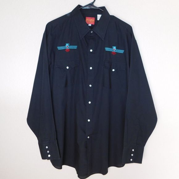 Plains Western Wear Pearl Snaps Shirt Adult XL Black Embroidered Thunderbird - Picture 1 of 9
